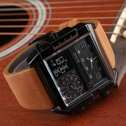 SKMEI 1391 Multifunctional Men Business Digital Watch 30m Water-resistant Square Dial Wrist Watch with Leather Watchband(Black Brown)
