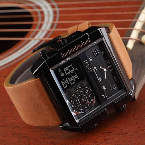 SKMEI 1391 Multifunctional Men Business Digital Watch 30m Water-resistant Square Dial Wrist Watch with Leather Watchband(Black Brown)