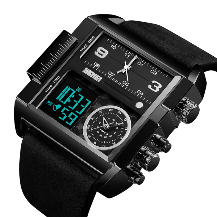 SKMEI 1391 Multifunctional Men Business Digital Watch 30m Water-resistant Square Dial Wrist Watch with Leather Watchband(Black)