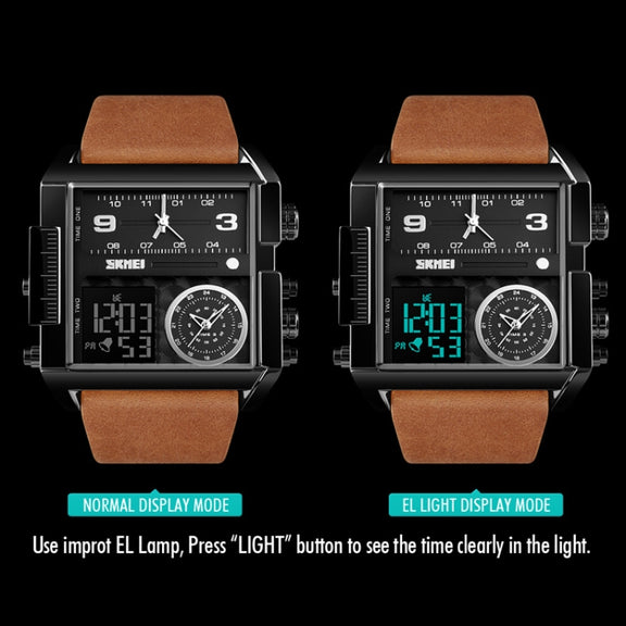 SKMEI 1391 Multifunctional Men Business Digital Watch 30m Water-resistant Square Dial Wrist Watch with Leather Watchband(Black)
