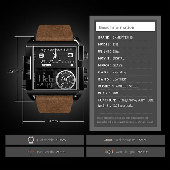 SKMEI 1391 Multifunctional Men Business Digital Watch 30m Water-resistant Square Dial Wrist Watch with Leather Watchband(Black)