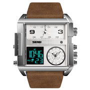SKMEI 1391 Multifunctional Men Business Digital Watch 30m Water-resistant Square Dial Wrist Watch with Leather Watchband(Silver+Coffee)