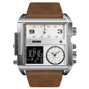 SKMEI 1391 Multifunctional Men Business Digital Watch 30m Water-resistant Square Dial Wrist Watch with Leather Watchband(Silver+Coffee)