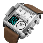 SKMEI 1391 Multifunctional Men Business Digital Watch 30m Water-resistant Square Dial Wrist Watch with Leather Watchband(Silver+Coffee)
