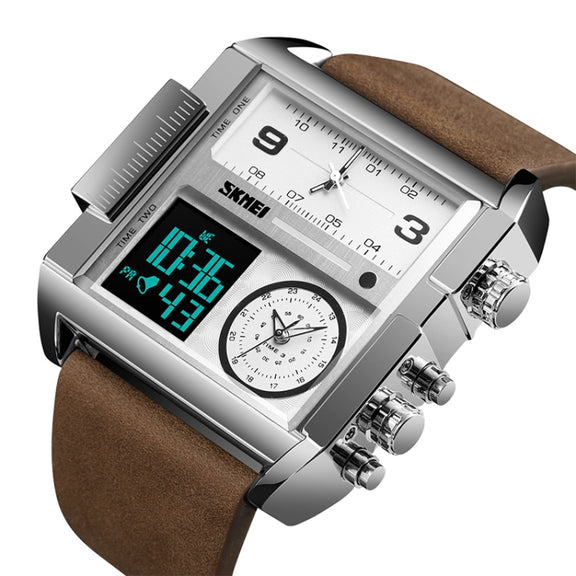 SKMEI 1391 Multifunctional Men Business Digital Watch 30m Water-resistant Square Dial Wrist Watch with Leather Watchband(Silver+Coffee)
