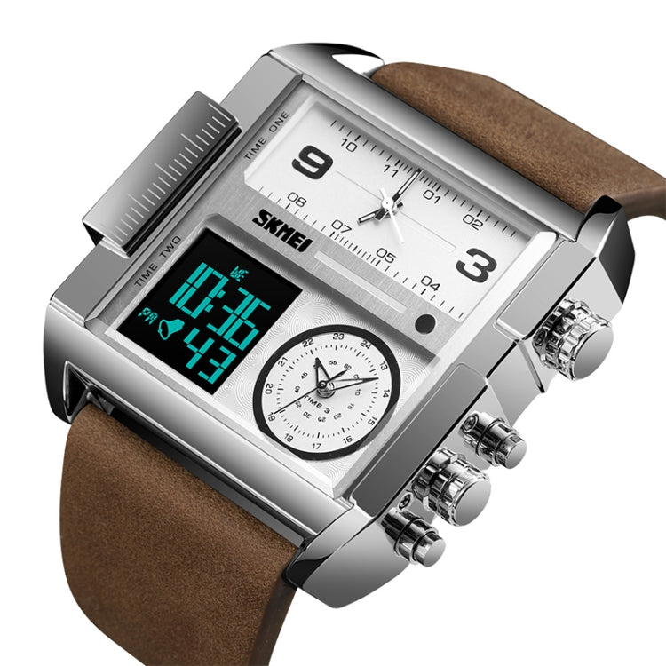 SKMEI 1391 Multifunctional Men Business Digital Watch 30m Water-resistant Square Dial Wrist Watch with Leather Watchband(Silver+Coffee)