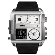 SKMEI 1391 Multifunctional Men Business Digital Watch 30m Water-resistant Square Dial Wrist Watch with Leather Watchband(Silver+Black)