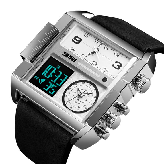 SKMEI 1391 Multifunctional Men Business Digital Watch 30m Water-resistant Square Dial Wrist Watch with Leather Watchband(Silver+Black)