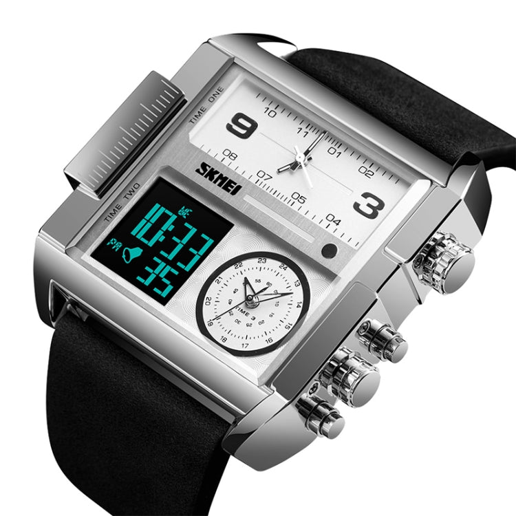 SKMEI 1391 Multifunctional Men Business Digital Watch 30m Water-resistant Square Dial Wrist Watch with Leather Watchband(Silver+Black)