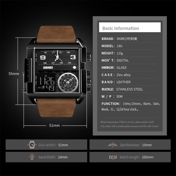 SKMEI 1391 Multifunctional Men Business Digital Watch 30m Water-resistant Square Dial Wrist Watch with Leather Watchband(Silver+Black)