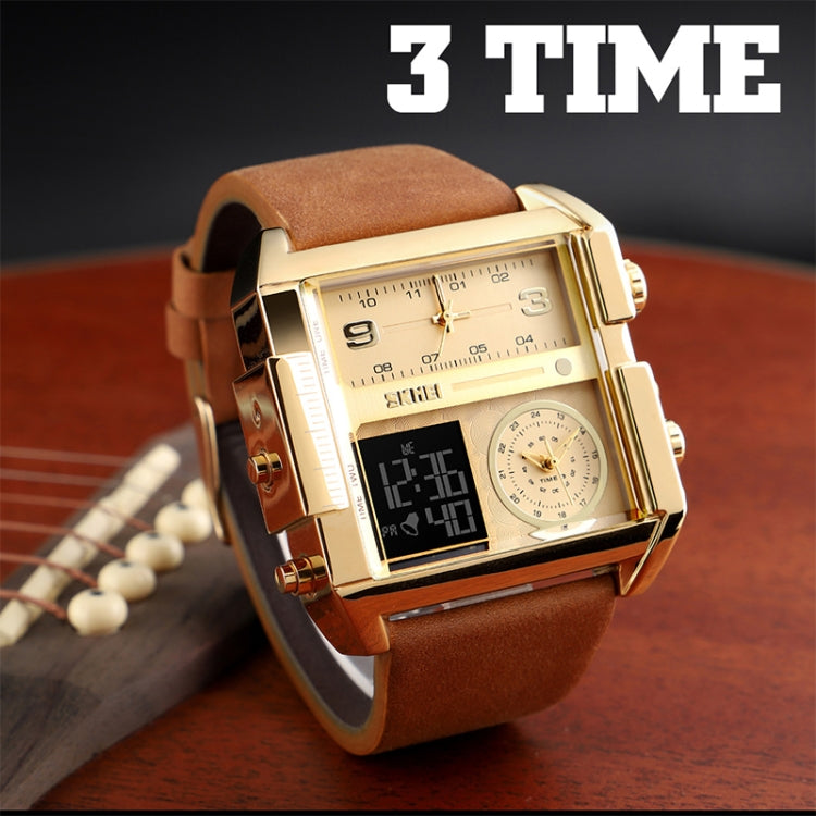 SKMEI 1391 Multifunctional Men Business Digital Watch 30m Water-resistant Square Dial Wrist Watch with Leather Watchband(Silver+Black)
