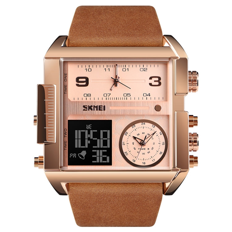 SKMEI 1391 Multifunctional Men Business Digital Watch 30m Water-resistant Square Dial Wrist Watch with Leather Watchband(Brown)
