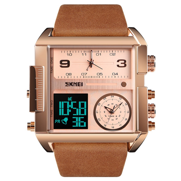 SKMEI 1391 Multifunctional Men Business Digital Watch 30m Water-resistant Square Dial Wrist Watch with Leather Watchband(Brown)