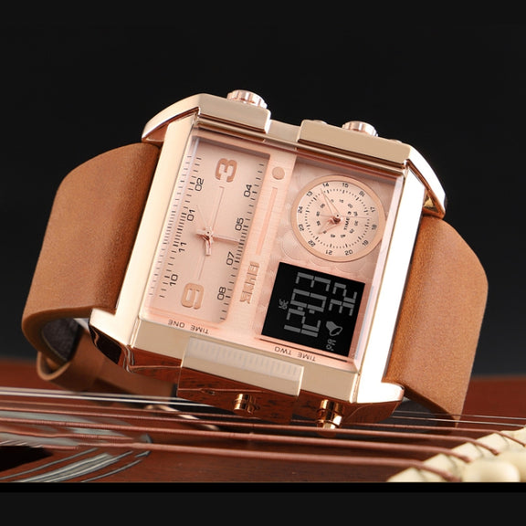 SKMEI 1391 Multifunctional Men Business Digital Watch 30m Water-resistant Square Dial Wrist Watch with Leather Watchband(Brown)