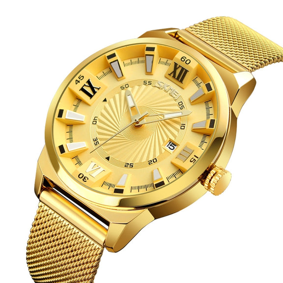 SKMEI 9166 Fashion Men Business Watch 30m Water-resistant Metal Quartz Wristwatch(Gold)
