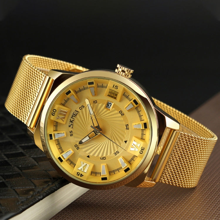 SKMEI 9166 Fashion Men Business Watch 30m Water-resistant Metal Quartz Wristwatch(Gold)