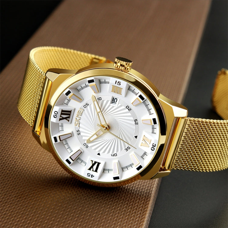 SKMEI 9166 Fashion Men Business Watch 30m Water-resistant Metal Quartz Wristwatch(White)
