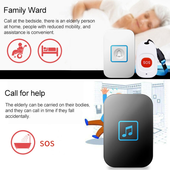 CACAZI C86 Wireless SOS Pager Doorbell Old man Child Emergency Alarm Remote Call Bell, UK Plug(Black)
