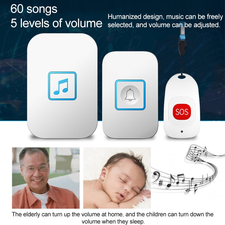 CACAZI C86 Wireless SOS Pager Doorbell Old man Child Emergency Alarm Remote Call Bell, US Plug(White)