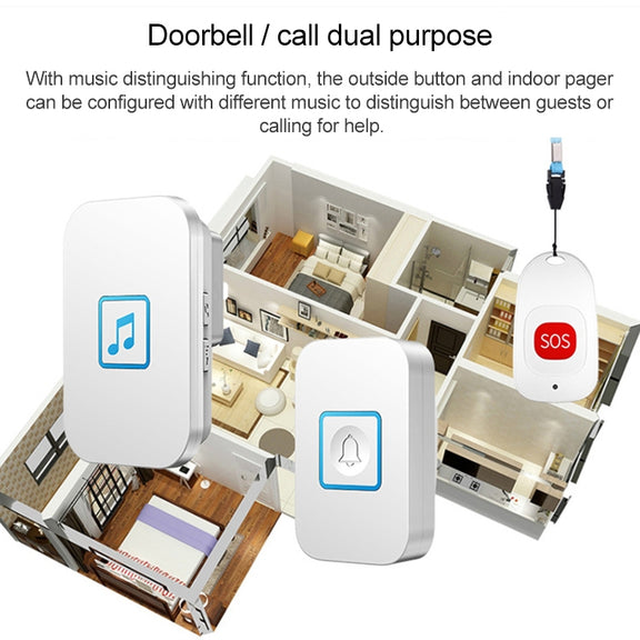 CACAZI C86 Wireless SOS Pager Doorbell Old man Child Emergency Alarm Remote Call Bell, US Plug(White)