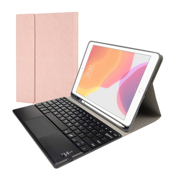 RK102C Detachable Magnetic Plastic Bluetooth Keyboard with Touchpad + Silk Pattern TPU Tablet Case for iPad 10.2, with Pen Slot & Bracket(Rose Gold)