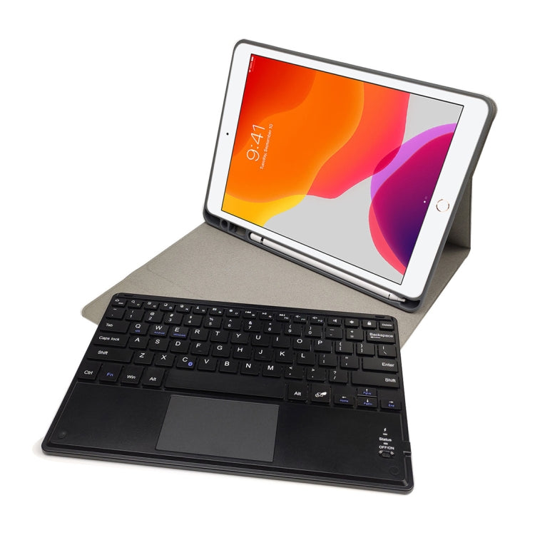 RK102C Detachable Magnetic Plastic Bluetooth Keyboard with Touchpad + Silk Pattern TPU Tablet Case for iPad 10.2, with Pen Slot & Bracket(Red)