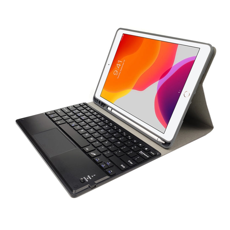 RK102C Detachable Magnetic Plastic Bluetooth Keyboard with Touchpad + Silk Pattern TPU Tablet Case for iPad 10.2, with Pen Slot & Bracket(Black)
