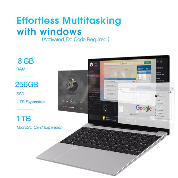 N5095 15.6 inch Laptop, 8GB+256GB, Windows 11 Intel Celeron N5095 Quad Core, Support Fingerprint Unlock, EU Plug (Silver)
