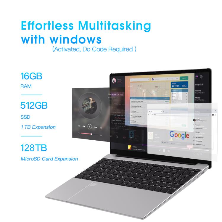 N5095 15.6 inch Laptop, 16GB+512GB, Windows 11 Intel Celeron N5095 Quad Core, Support Fingerprint Unlock, EU Plug (Silver)