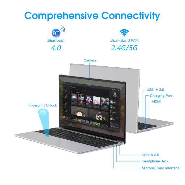 N5095 15.6 inch Laptop, 16GB+512GB, Windows 11 Intel Celeron N5095 Quad Core, Support Fingerprint Unlock, EU Plug (Silver)