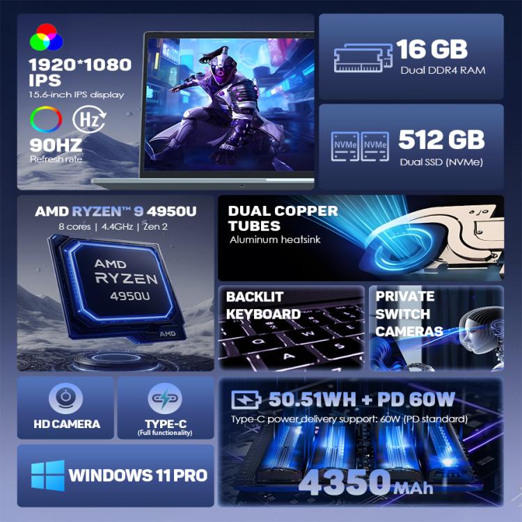 G16 Air 15.6 inch Gaming Laptop, 16GB+512GB, Windows 11 Pro AMD Ryzen 9 4950U Octa Core, US Plug - free shipping - PMc TechLife - Order now!
