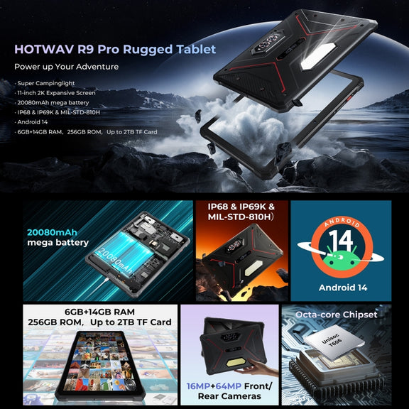 HOTWAV Tab R9 Pro IP68/IP69K Rugged Tablet, 6GB+256GB, 11 inch Android 14 Unisoc T606 Octa Core 4G Network, Global Version with Google Play, EU Plug (Black Red)