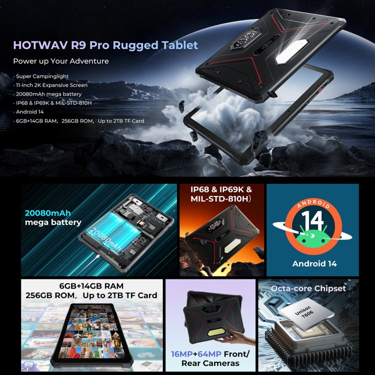 HOTWAV Tab R9 Pro IP68/IP69K Rugged Tablet, 6GB+256GB, 11 inch Android 14 Unisoc T606 Octa Core 4G Network, Global Version with Google Play, EU Plug (Black Red)