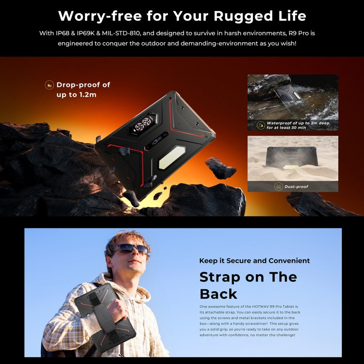 HOTWAV Tab R9 Pro IP68/IP69K Rugged Tablet, 6GB+256GB, 11 inch Android 14 Unisoc T606 Octa Core 4G Network, Global Version with Google Play, EU Plug (Black Red)