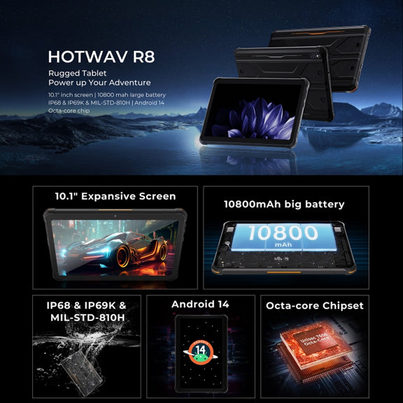 HOTWAV Tab R8 IP68/IP69K Rugged Tablet, 4GB+128GB, 10.1 inch Android 14 Unisoc T606 Octa Core 4G Network, Global Version with Google Play, EU Plug (Black+Orange)