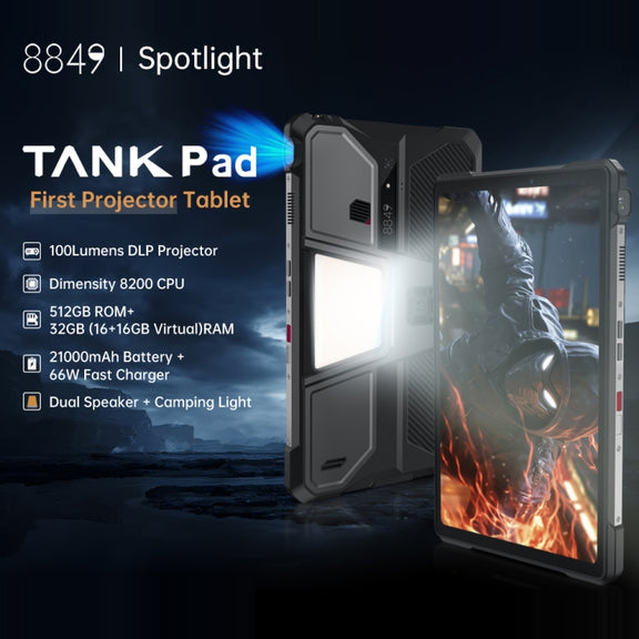 Unihertz 8849 Tank Pad Rugged Tablet PC & Projector, 16GB+512GB, 10.95 inch Android 14 Dimensity 8200 Octa Core 5G Network, EU Plug (Black)