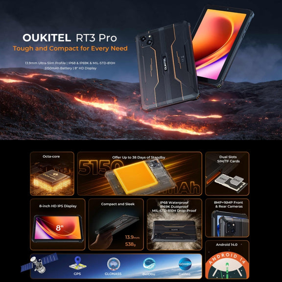OUKITEL RT3 Pro 4G Network IP68/IP69K Rugged Tablet, 4GB+128GB, 8.0 inch Android 14 MediaTek G81 Octa-Core Support Dual SIM, EU Plug (Black)