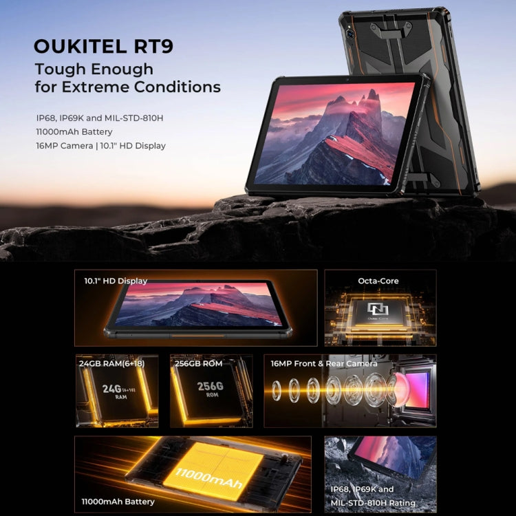 OUKITEL RT9 4G Network IP68/IP69K Rugged Tablet, 6GB+256GB, 11 inch Android 14 Unisoc T606 Octa-Core Support Dual SIM, EU Plug (Orange)