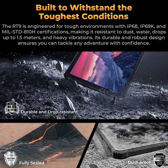 OUKITEL RT9 4G Network IP68/IP69K Rugged Tablet, 6GB+256GB, 11 inch Android 14 Unisoc T606 Octa-Core Support Dual SIM, EU Plug (Black)