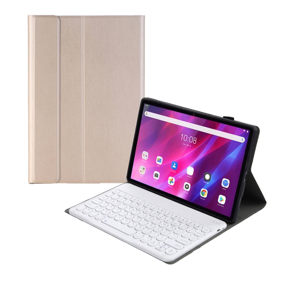 YAK10 2 in 1 Detachable Round Keycap Bluetooth Keyboard + Lambskin Texture TPU Protective Leather Tablet Case with Holder for Lenovo Qitian K10 TB-X6C6X(Gold)