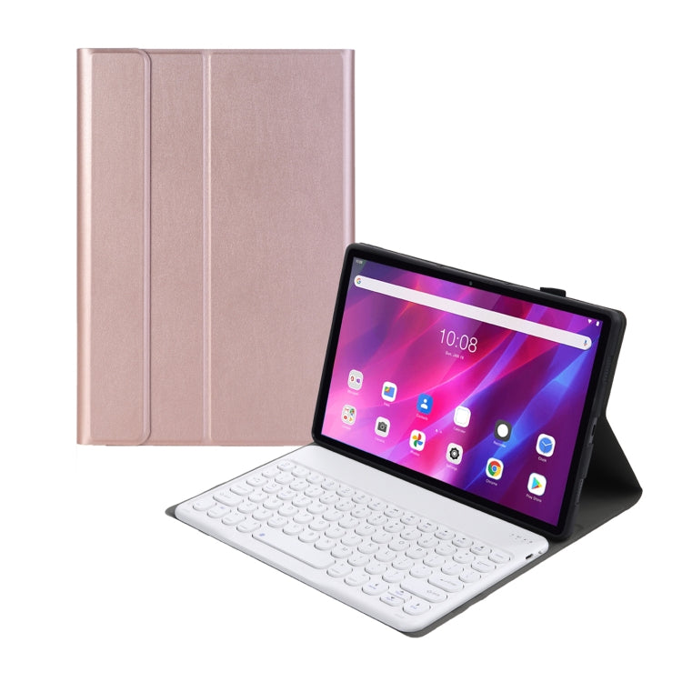 YAK10 2 in 1 Detachable Round Keycap Bluetooth Keyboard + Lambskin Texture TPU Protective Leather Tablet Case with Holder for Lenovo Qitian K10 TB-X6C6X(Rose Gold)