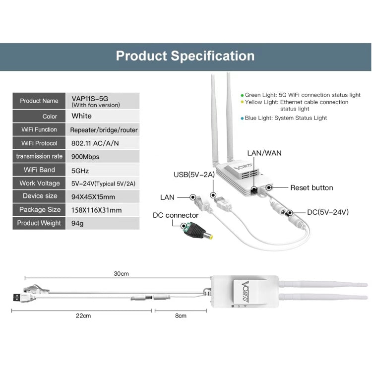 VONETS VAP11S-5G Mini Wireless Bridge 900Mbp WiFi Repeater with 2 Antennas & Fan (White) - free shipping - PMC Jewellery - Order now!