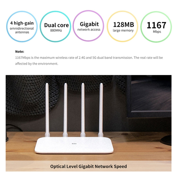 Original Xiaomi WiFi Router 4A Smart APP Control AC1200 1167Mbps 128MB 2.4GHz & 5GHz Dual-core CPU Gigabit Ethernet Port Wireless Router Repeater with 4 Antennas, Support Web & Android & iOS, US Plug(White)