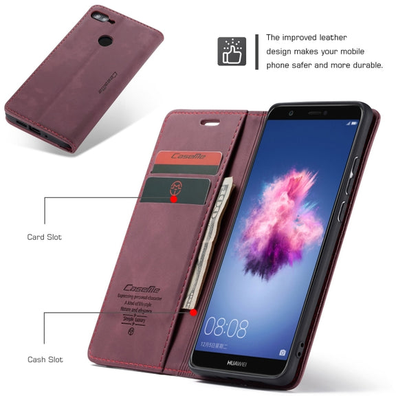 CaseMe Multifunctional Retro Frosted Horizontal Flip Leather Case for Huawei P Smart / Enjoy 7S /  Honor 9 Lite, with Card Slots & Holder & Wallet(Wine Red)