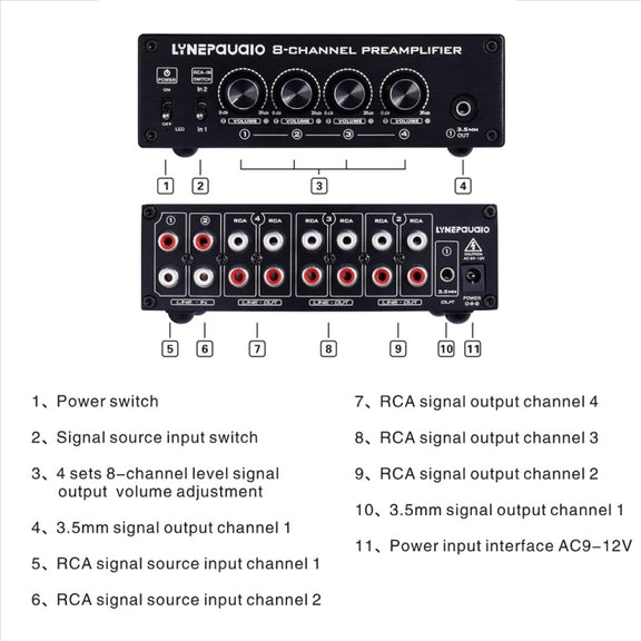LINEPAUDIO B981 Pro 8-ch Pre-amplifier Speaker Distributor Switcher Speaker Comparator, Signal Booster with Volume Control & Earphone / Monitor Function (Black)