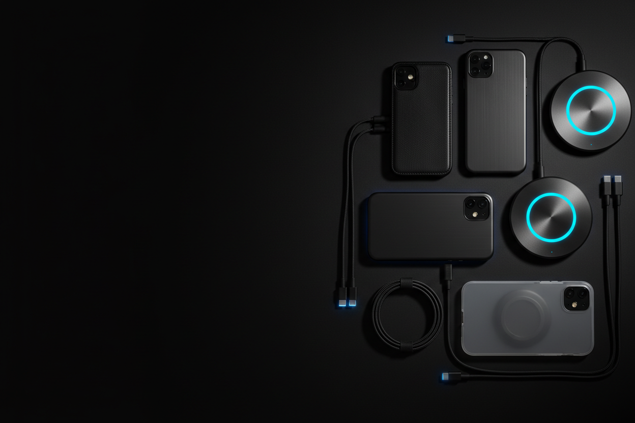 Smart devices and technology accessories arranged on a dark surface