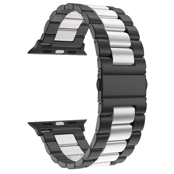 Fold Buckle 3 Beads Stainless Steel Watch Band For Apple Watch Ultra 49mm&Watch Ultra 2 49mm / Series 9&8&7 45mm / SE 3&SE 2&6&SE&5&4 44mm / 3&2&1 42mm (Black Silver)
