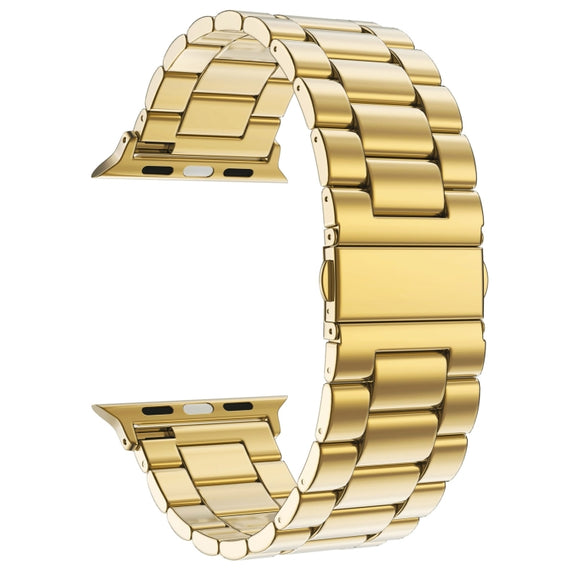 Fold Buckle 3 Beads Stainless Steel Watch Band For Apple Watch Ultra 49mm&Watch Ultra 2 49mm / Series 10 46mm / 9&8&7 45mm / SE 3&SE 2&6&SE&5&4 44mm / 3&2&1 42mm(Gold)