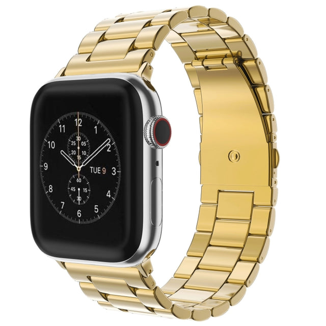 Fold Buckle 3 Beads Stainless Steel Watch Band For Apple Watch Ultra 49mm&Watch Ultra 2 49mm / Series 10 46mm / 9&8&7 45mm / SE 3&SE 2&6&SE&5&4 44mm / 3&2&1 42mm(Gold)