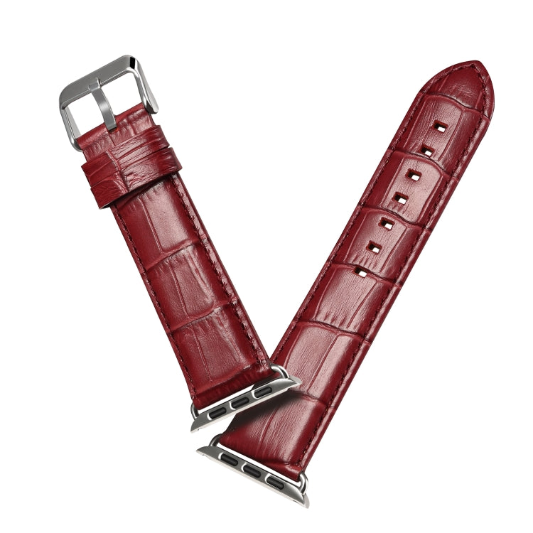 Denior Crocodile Grain Watch Cowhide Leather Watch Band for Apple Watch Ultra 49mm&Watch Ultra 2 49mm / Series 10 46mm / 9&8&7 45mm / SE 3&SE 2&6&SE&5&4 44mm / 3&2&1 42mm (Dark Red) - free shipping - PMC Jewellery - Order now!